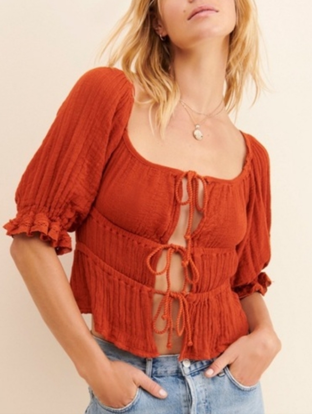 Jen's Pirate Booty Rust Tie-Front Peasant Top - Picture 6 of 6